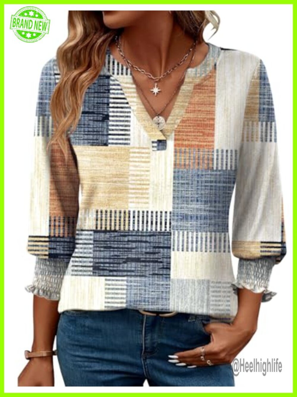 Womens 3/4 Sleeve V-Neck Floral Tunic Blouse Ruffle Cuff Business Casual